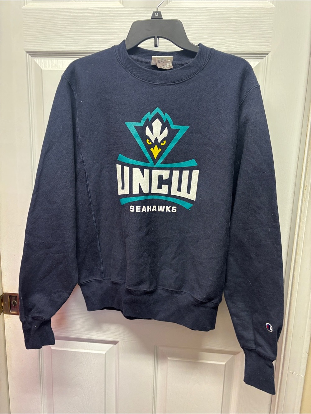 Champion Navy Crewneck with Teal & White UNCW Seahawk Logo Small